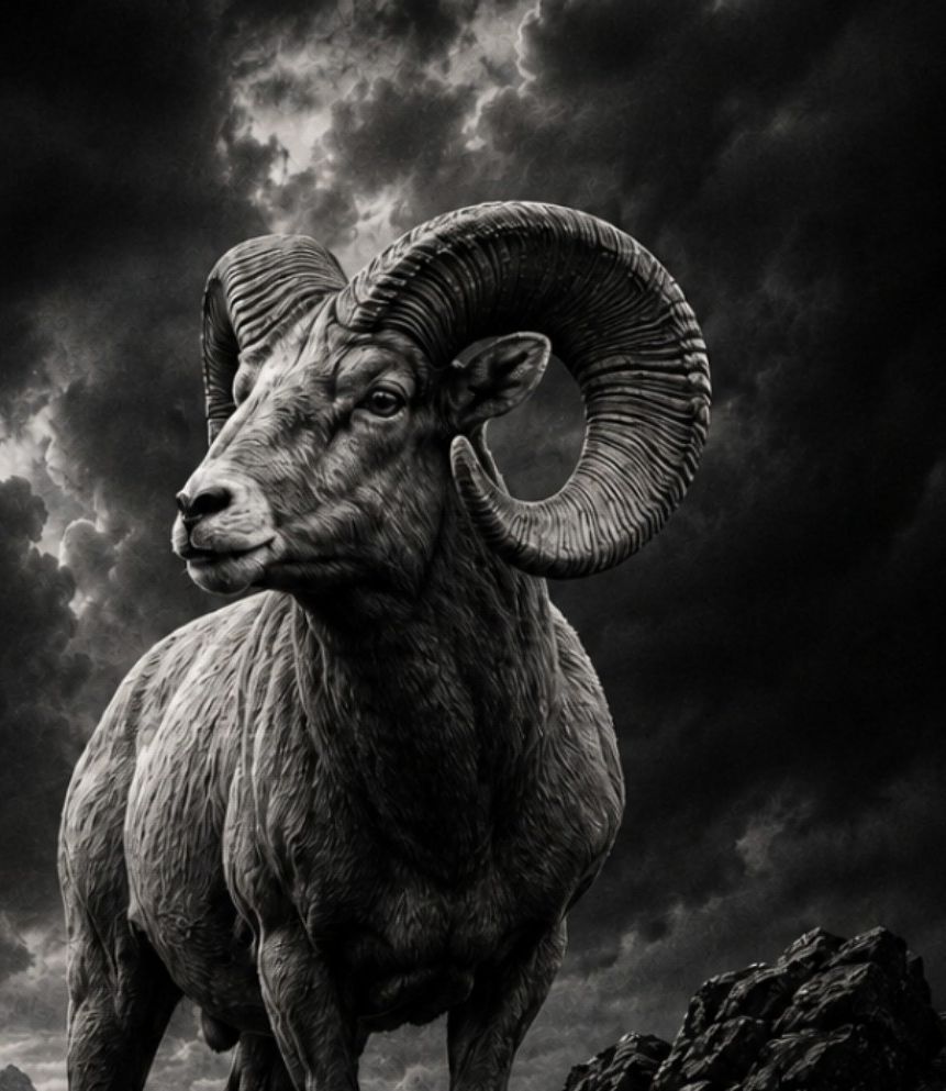 Bighorn ram against a storm sky